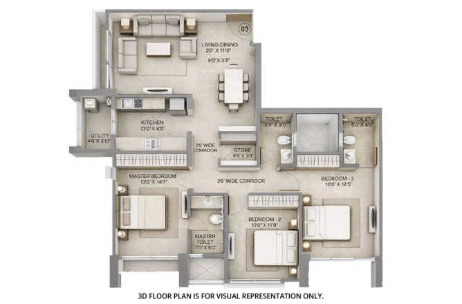 Lodha Xclusive Parel - Floor plan 3 BHK 1049 Sq.ft