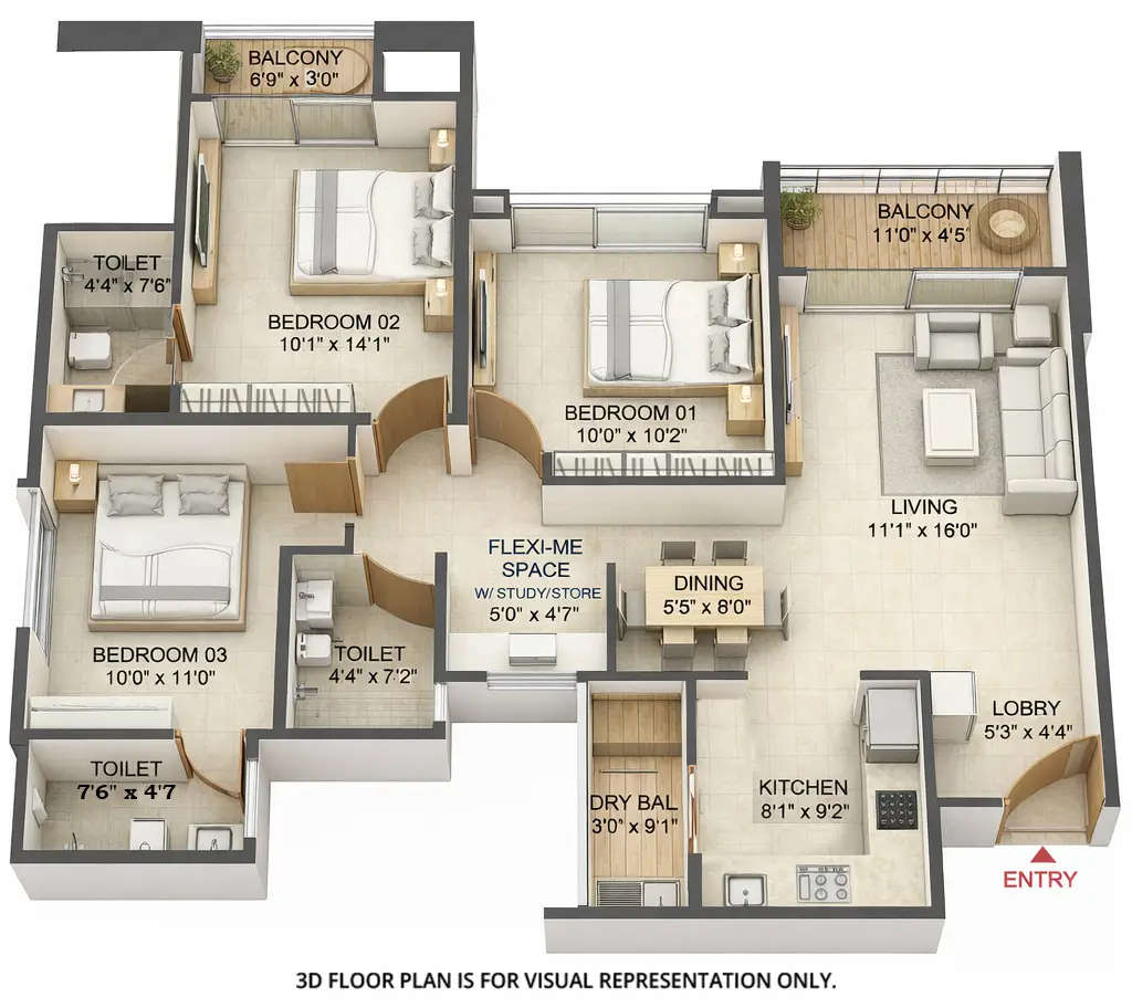 Floor plan for 3 BHK