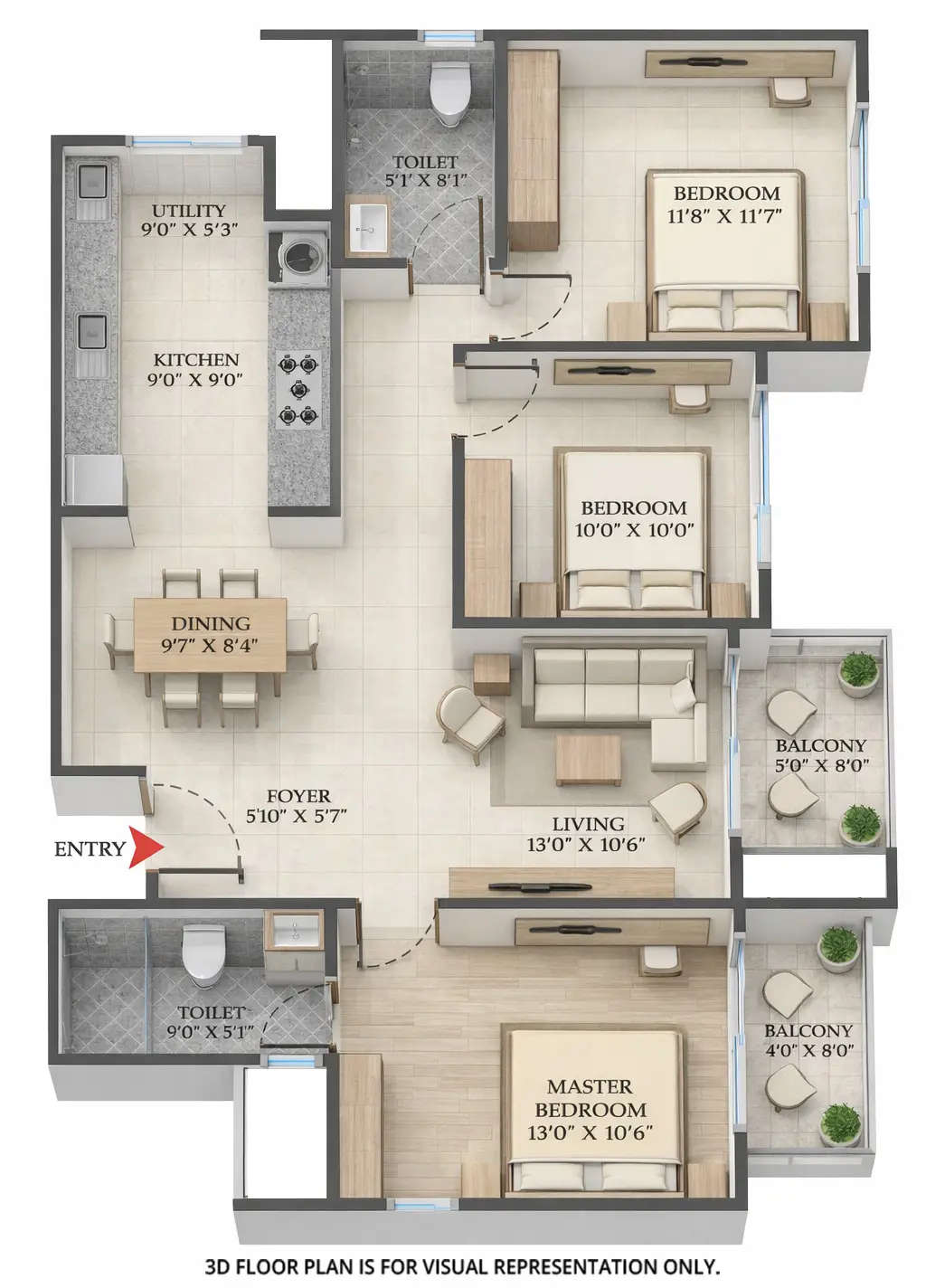 Floor plan for 3 BHK