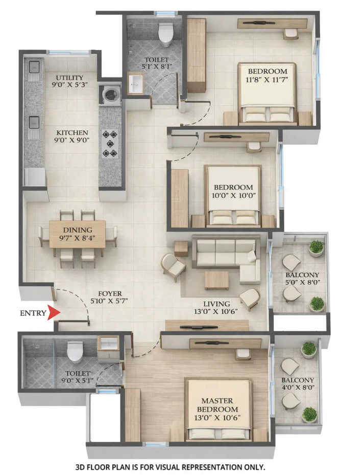Abhee Aaria Varthur - Floor plan 3 BHK 1430 Sq.ft