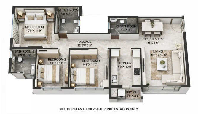 Rustomjee Aden Bandra - Floor plan 3 BHK 881 Sq.ft