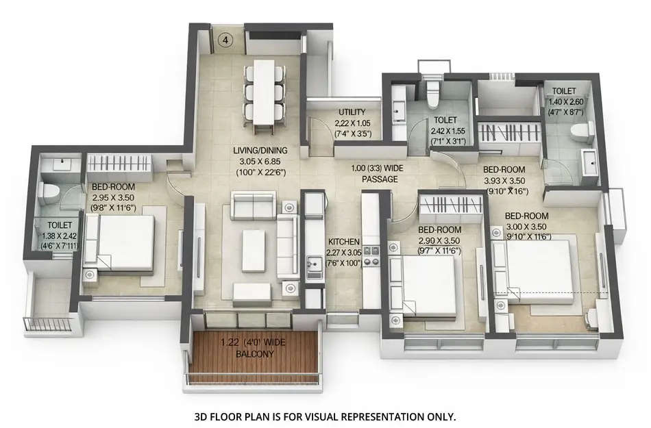 Floor plan for 3 BHK