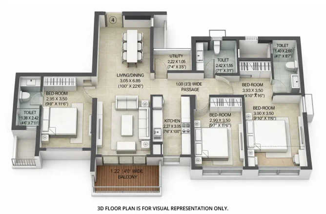 Kalpataru Park City Kolshet Road - Floor plan 3 BHK 999 Sq.ft