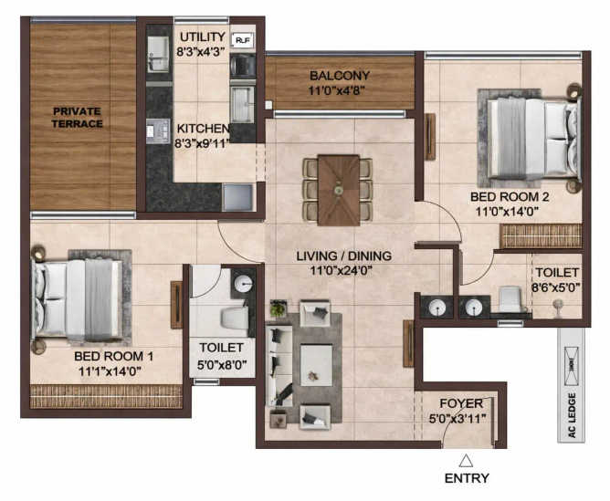 Casagrand Jarvis Siruseri - Floor plan 2 BHK 1544 Sq.ft