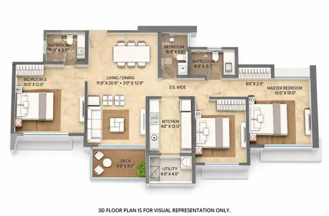 Lodha Bella Vista Pokhran Road 2 - Floor plan 3 BHK 1047 Sq.ft
