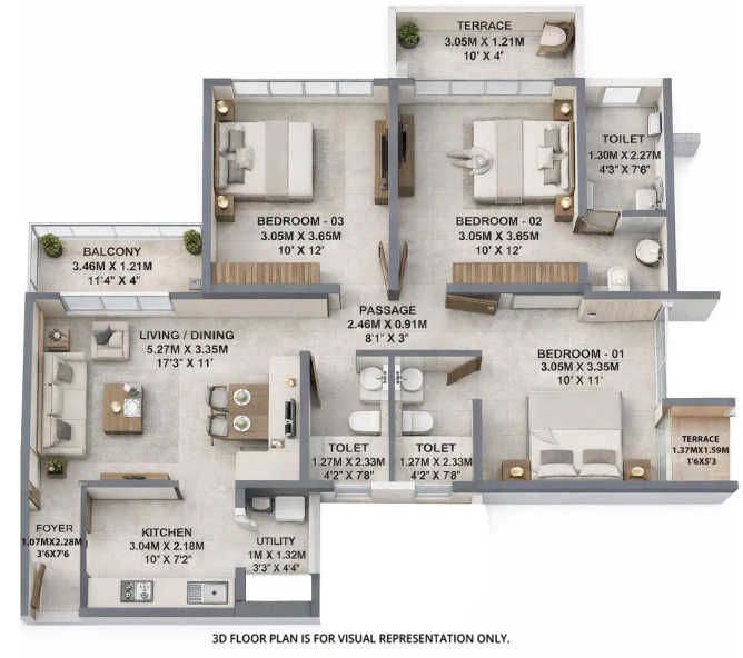 Godrej The Rivergreens Manjri - Floor plan 3 BHK 952 Sq.ft