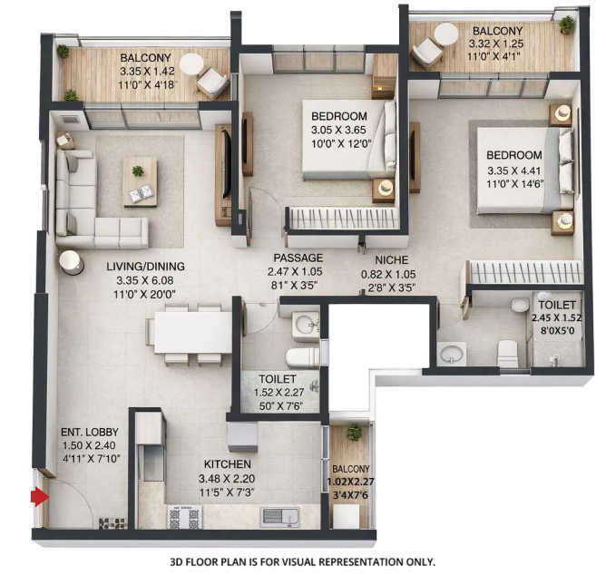 Godrej Emerald Waters Pimpri Chinchwad - Floor plan 2 BHK 914 Sq.ft
