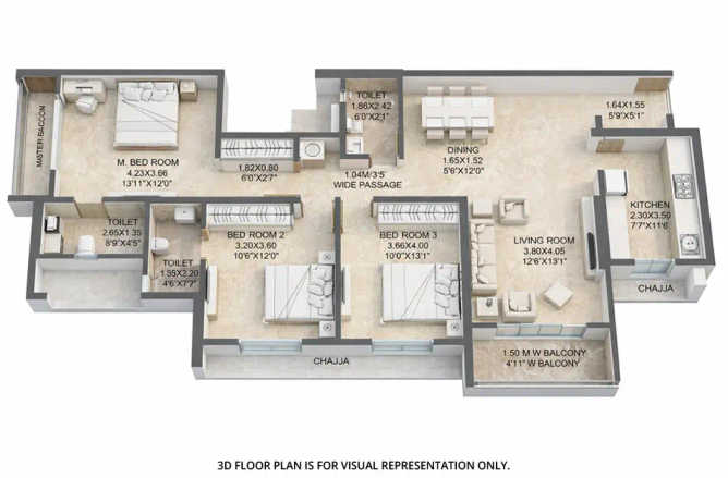 Dosti Willow Balkum - Floor plan 3 BHK 1200 Sq.ft