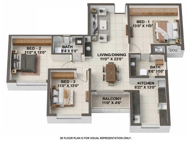 Casagrand Osaka Porur - Floor plan 3 BHK 1442 Sq.ft