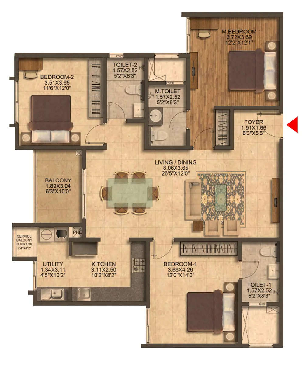 Floor plan for 3 BHK