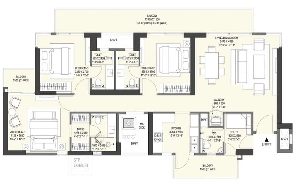 Floor plan for 3 BHK