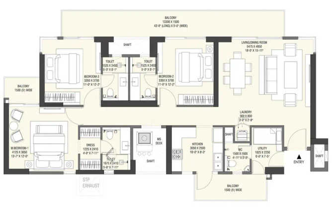 Emaar Serenity Hills Sector 86 Gurgaon - Floor plan 3 BHK 2300 Sq.ft