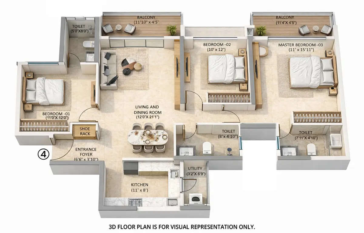 Floor plan for 3 BHK