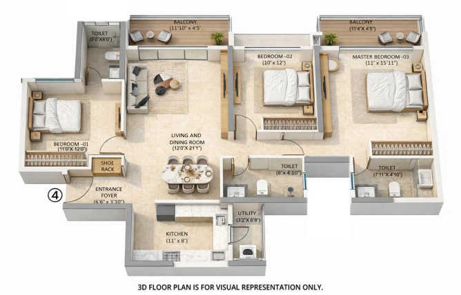 Purva Estrella Andheri - Floor plan 3 BHK 1100 Sq.ft