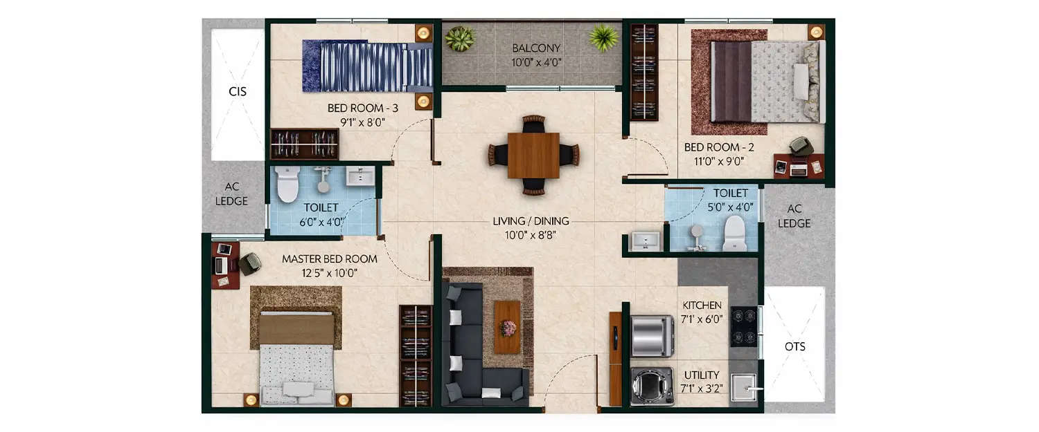 Floor plan for 3 BHK