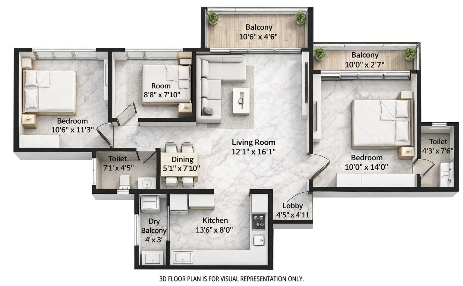 Floor plan for 3 BHK