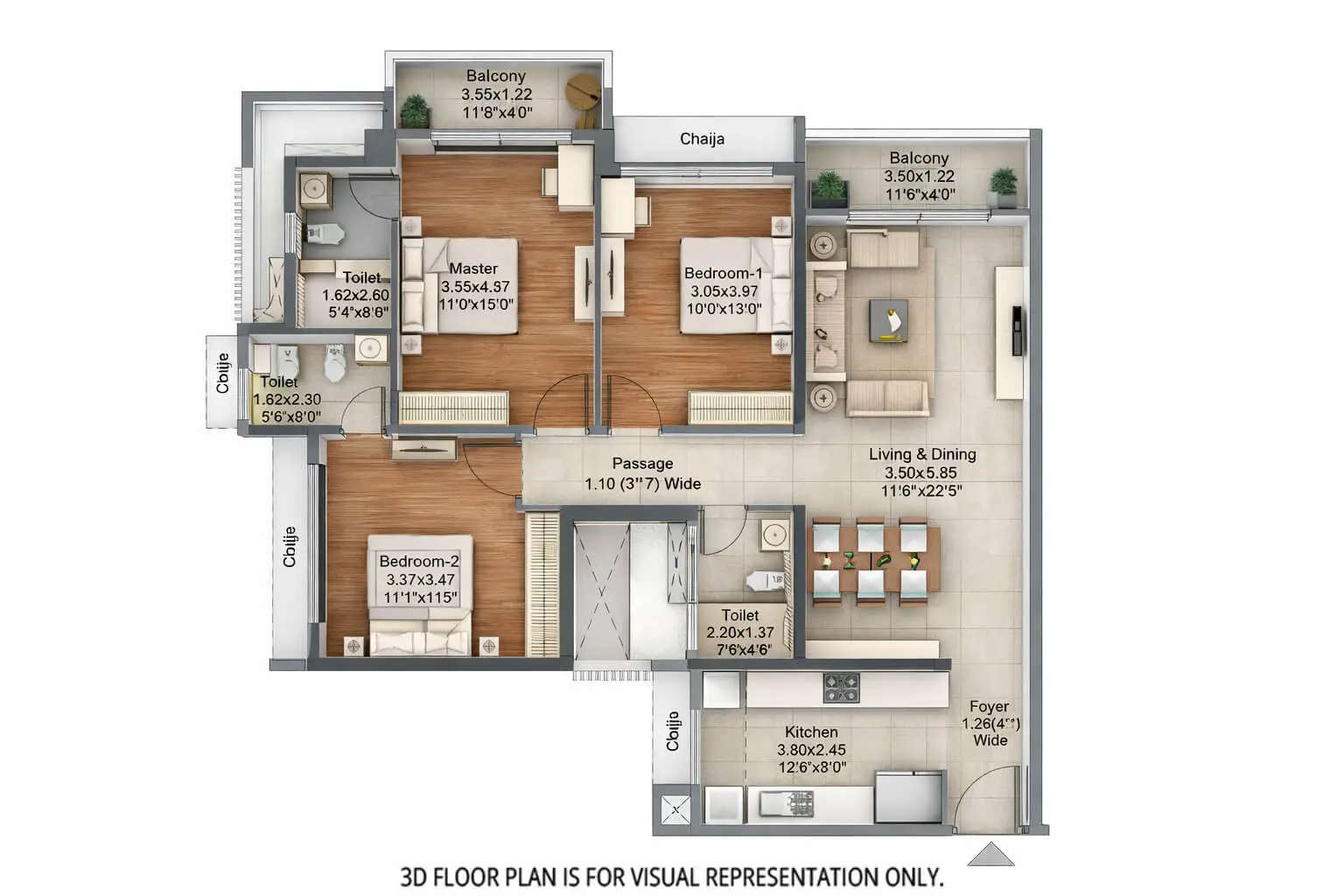 Floor plan for 3 BHK