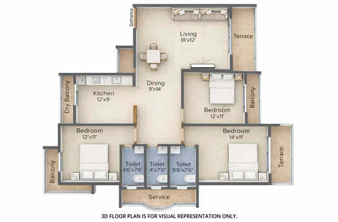 Greenscape La Vista Kharghar - Floor plan 3 BHK 1850 Sq.ft