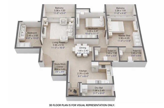 Kohinoor Central Park Hinjewadi - Floor plan 3 BHK 894 Sq.ft