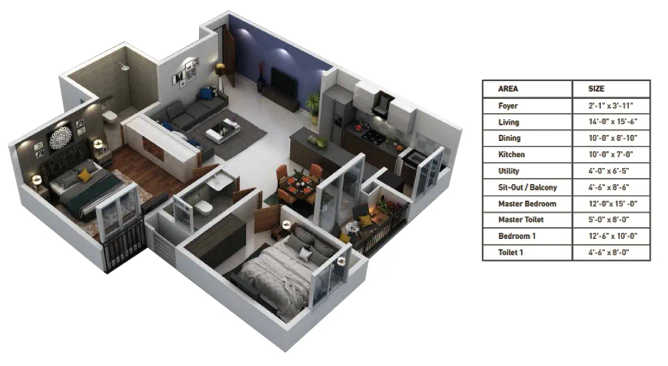 Purva Zenium Hosahalli - Floor plan 2 BHK 1200 Sq.ft