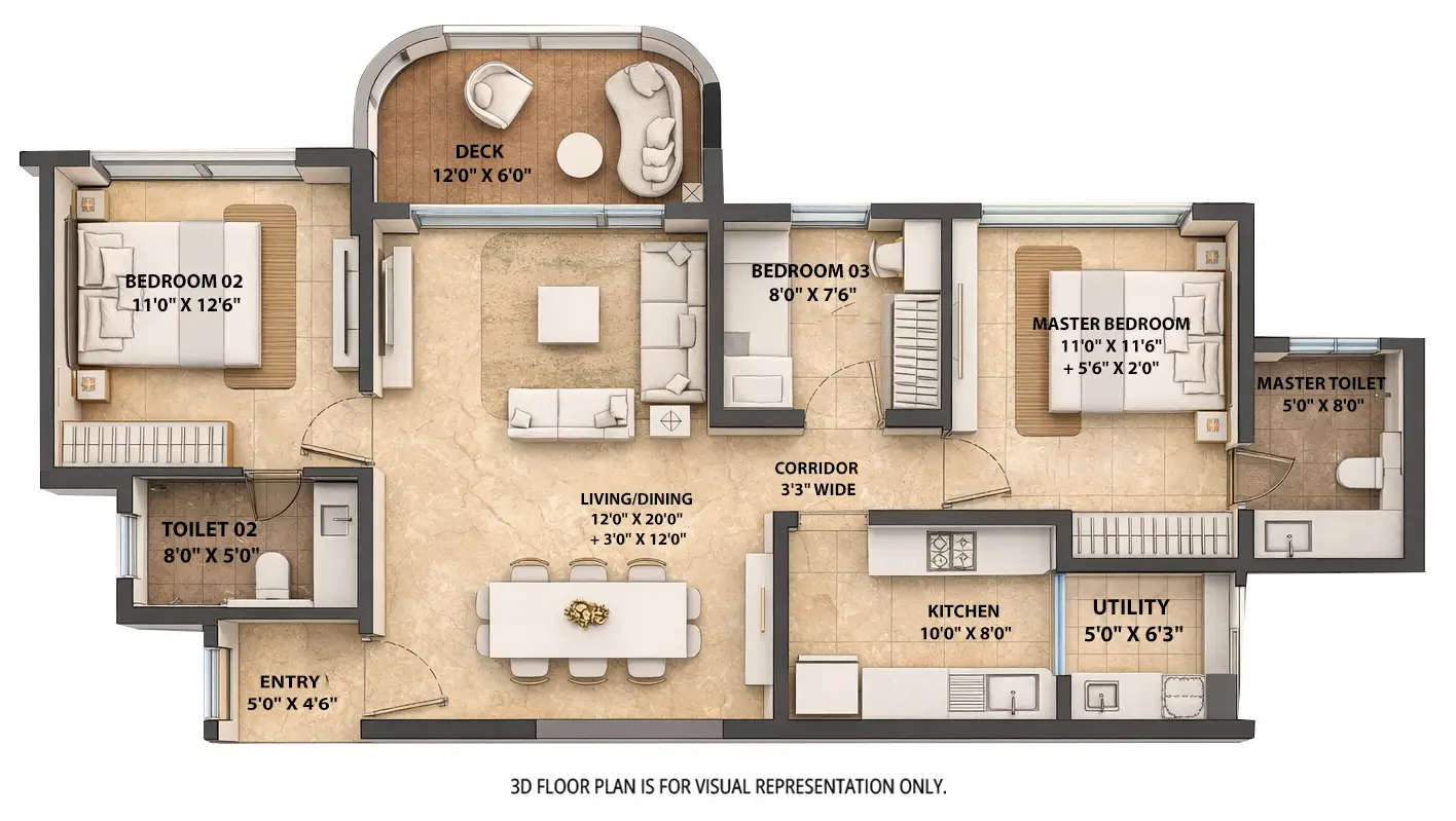 Floor plan for 3 BHK