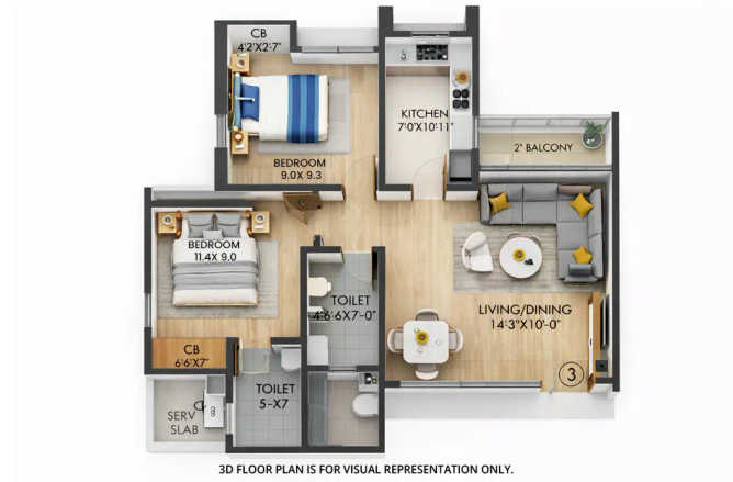 Raymond TenX Habitat Pokhran Road 1 - Floor plan 2 BHK 515 Sq.ft