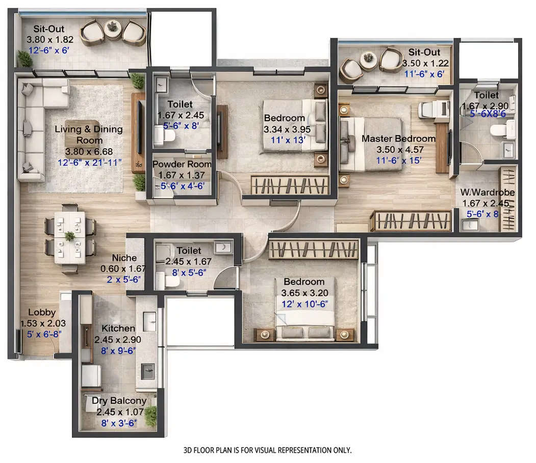 Floor plan for 3 BHK