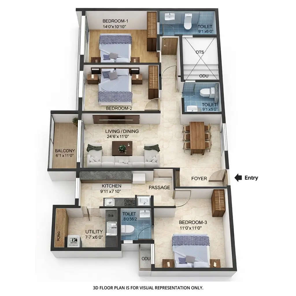 Floor plan for 3 BHK