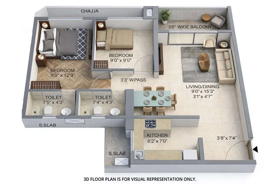 Floor plan for 2 BHK