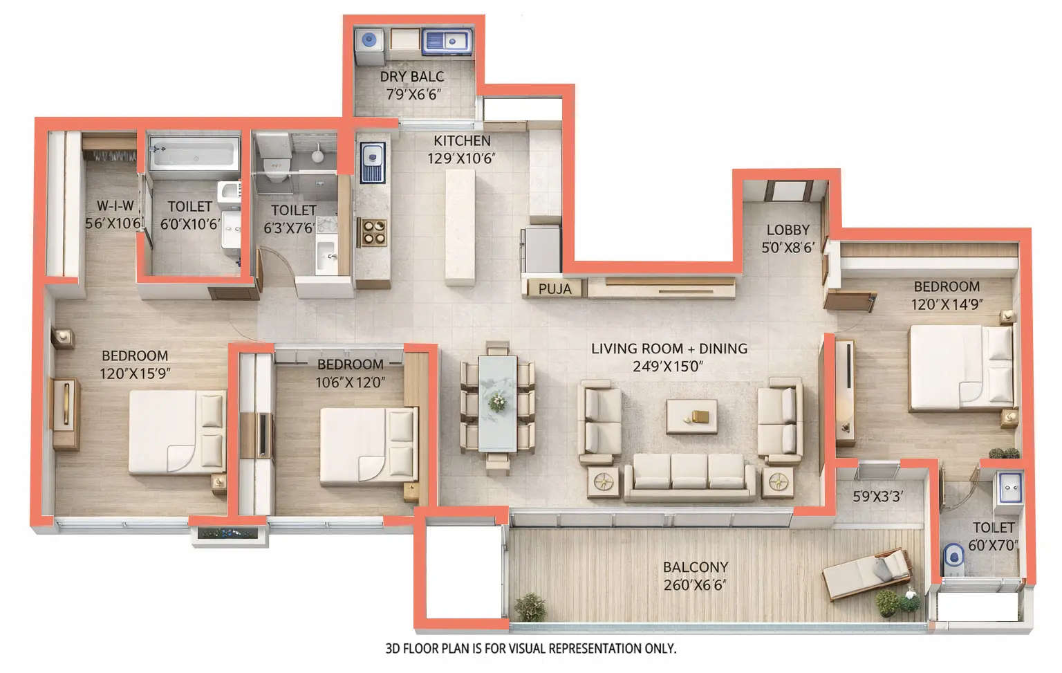 Floor plan for 3 BHK
