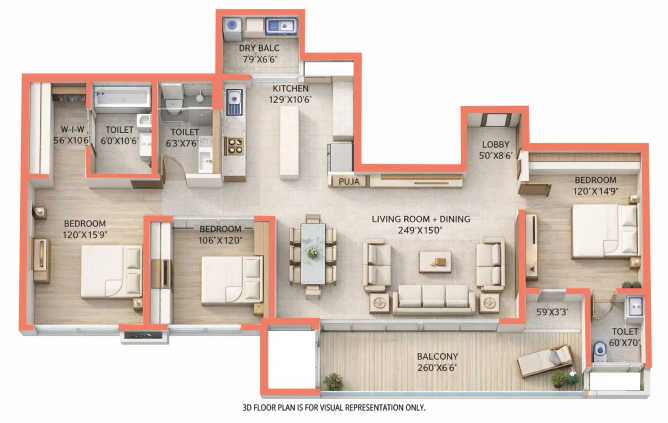 Pristine The Lords Pashan - Floor plan 3 BHK 1600 Sq.ft