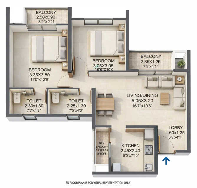 VTP Skylights Baner - Floor plan 2 BHK 690 Sq.ft