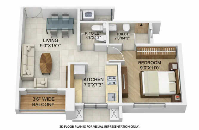 Runwal Lands End Kolshet Road - Floor plan 1 BHK 412 Sq.ft