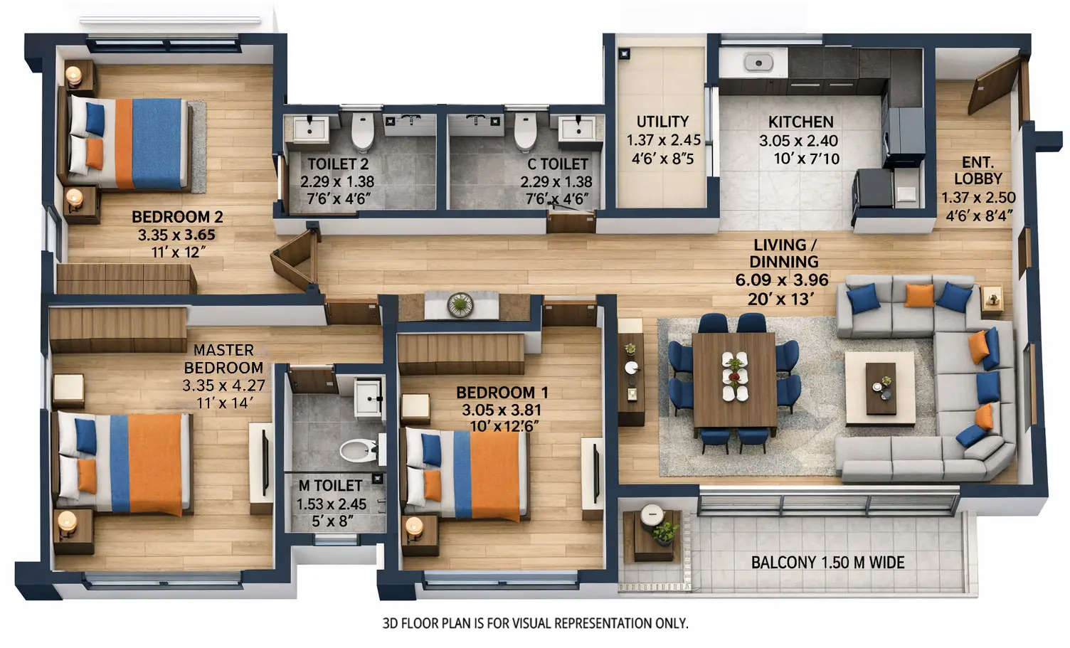 Floor plan for 3 BHK