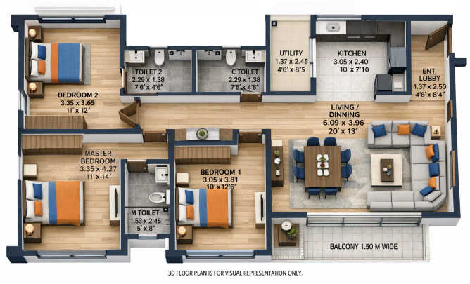 K Raheja Nova Pirangut - Floor plan 3 BHK 1161 Sq.ft