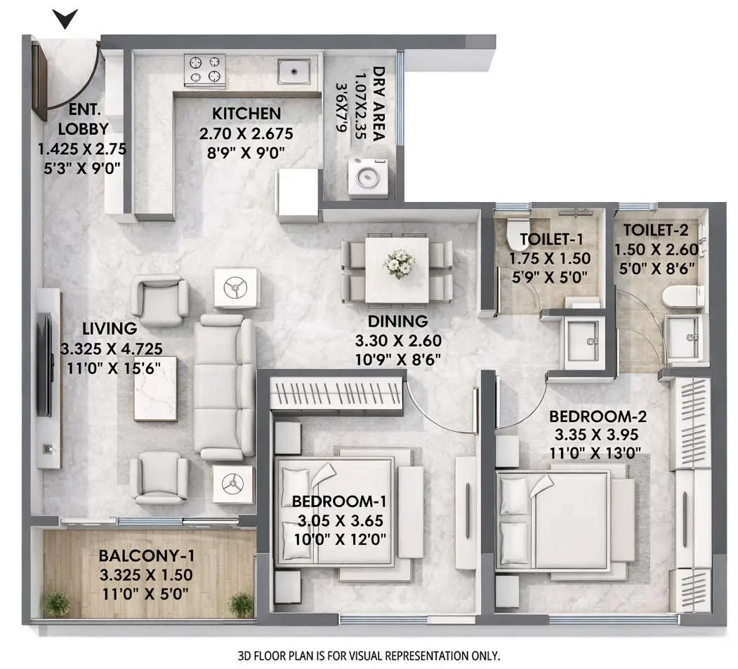 Floor plan for 2 BHK