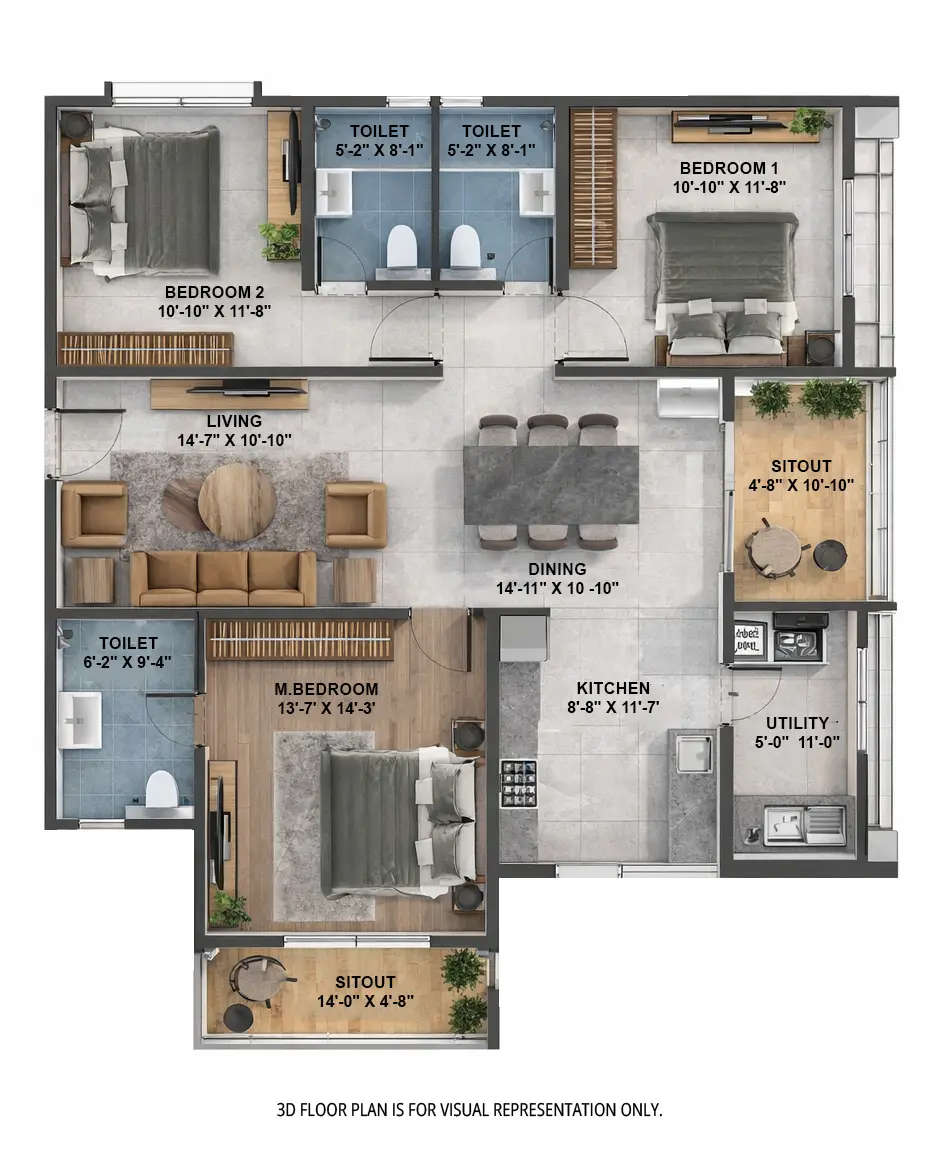 Floor plan for 3 BHK