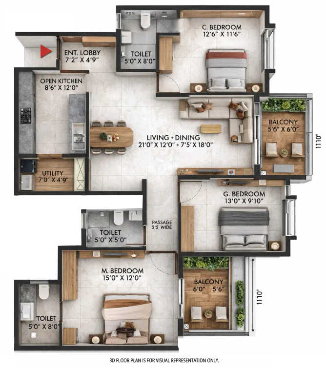 TVS Emerald Auralis Sathanur - Floor plan 3 BHK 1793 Sq.ft