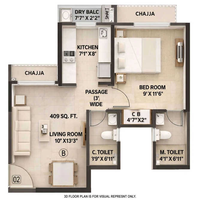Ajmera Mission Mumbai Bhandup - Floor plan 1 BHK 409 Sq.ft