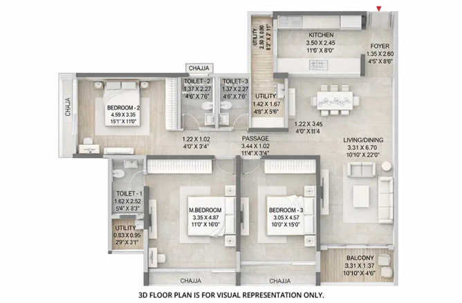 Godrej Bayview Vashi - Floor plan 3 BHK 1260 Sq.ft