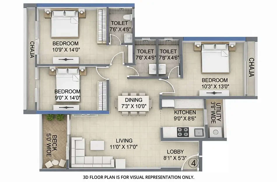 Floor plan for 3 BHK