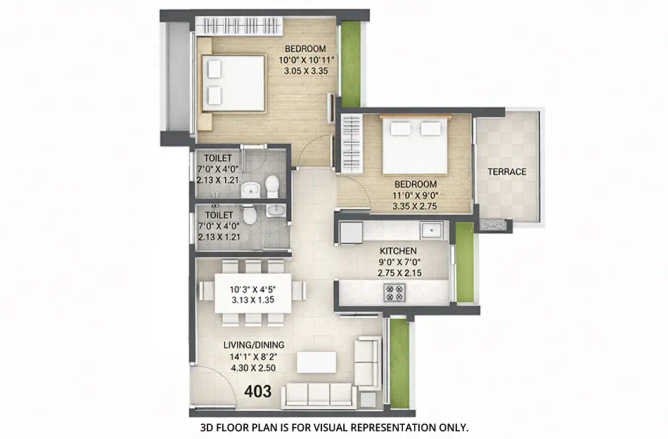 Tricity Panache Seawoods - Floor plan 2 BHK 485 Sq.ft