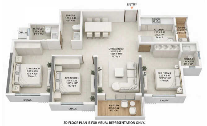 Godrej Bliss Kandivali - Floor plan 3 BHK 944 Sq.ft