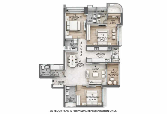 Rustomjee Verdant Vistas Majiwada - Floor plan 3 BHK 1264 Sq.ft