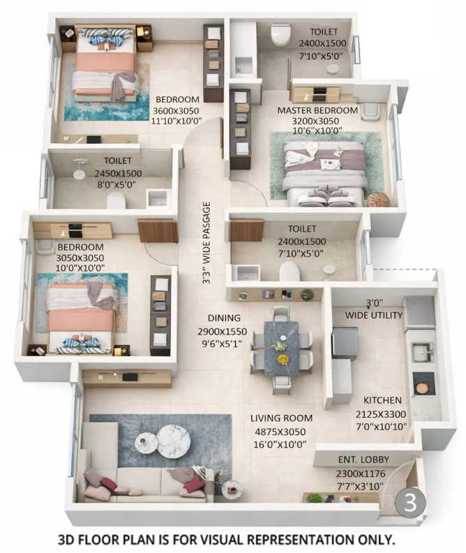 Kolte Patil Alora Santacruz - Floor plan 3 BHK 860 Sq.ft