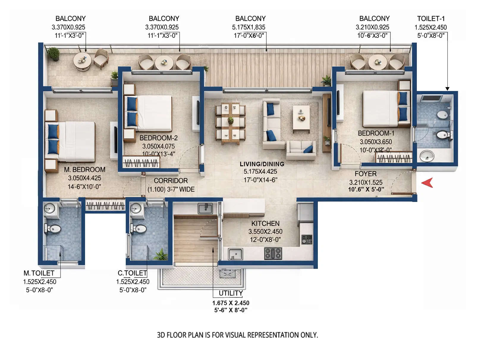 Floor plan for 3 BHK