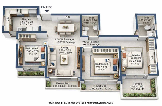 L&T West Square Seawoods - Floor plan 3 BHK 1050 Sq.ft