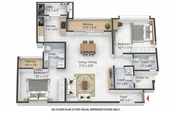 Prestige Pallavaram Gardens Pallavaram - Floor plan 2 BHK 1061 Sq.ft