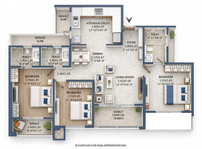 Yoo Pristine Akurdi - Floor plan 3 BHK 1130 Sq.ft