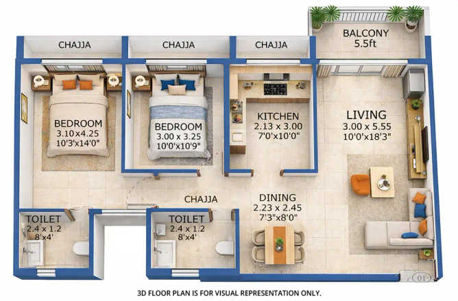 Juhi Empressa Sanpada - Floor plan 2 BHK 683 Sq.ft